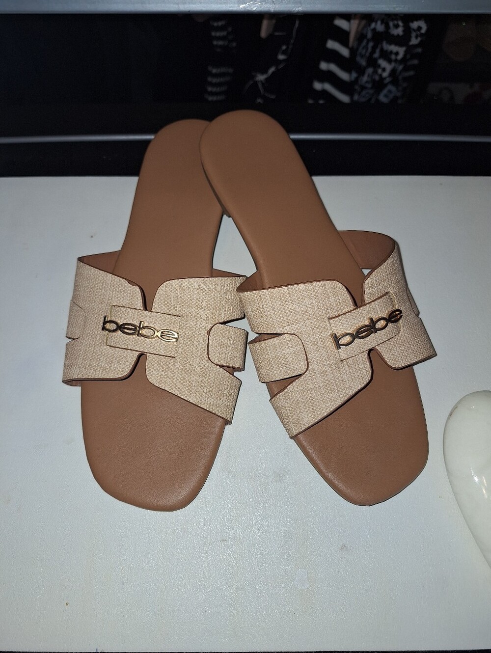 bebe Beige and Tan Slide Sandals with Gold Logo